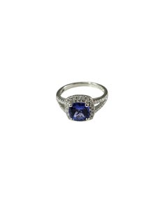 14K White Gold Tanzanite and Diamond Halo Ring Size 8 Certified #25004
