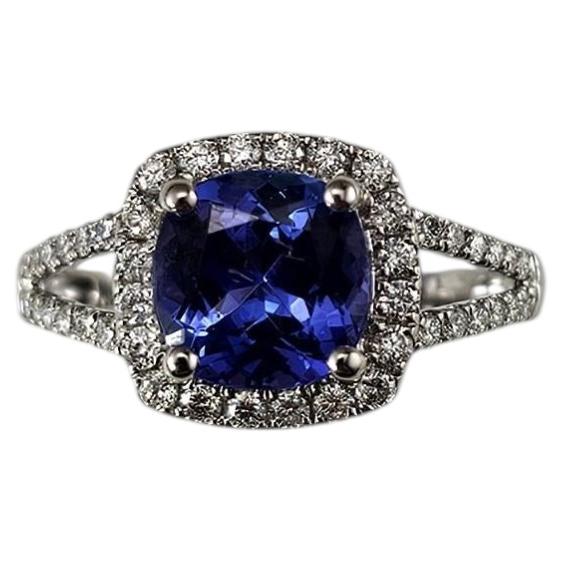 14K White Gold Tanzanite and Diamond Halo Ring Size 8 Certified #25004 For Sale