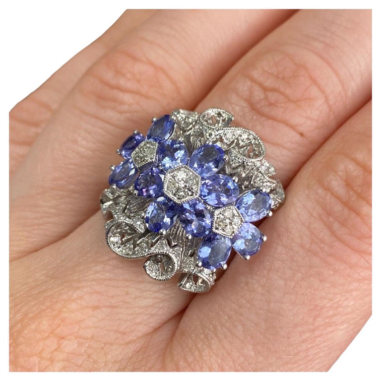 0.61 Carat Genuine Tanzanite and White Diamond 14K White Gold Ring