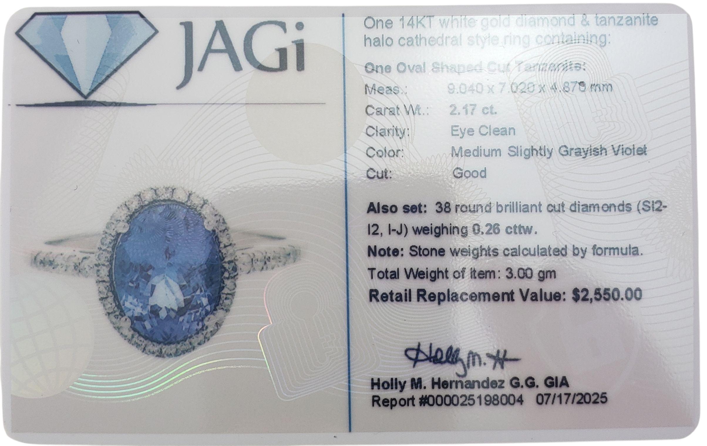 14K White Gold Tanzanite and Diamond Ring Size 8.25-8.5 JAGi Certified #22653 in vendita 3