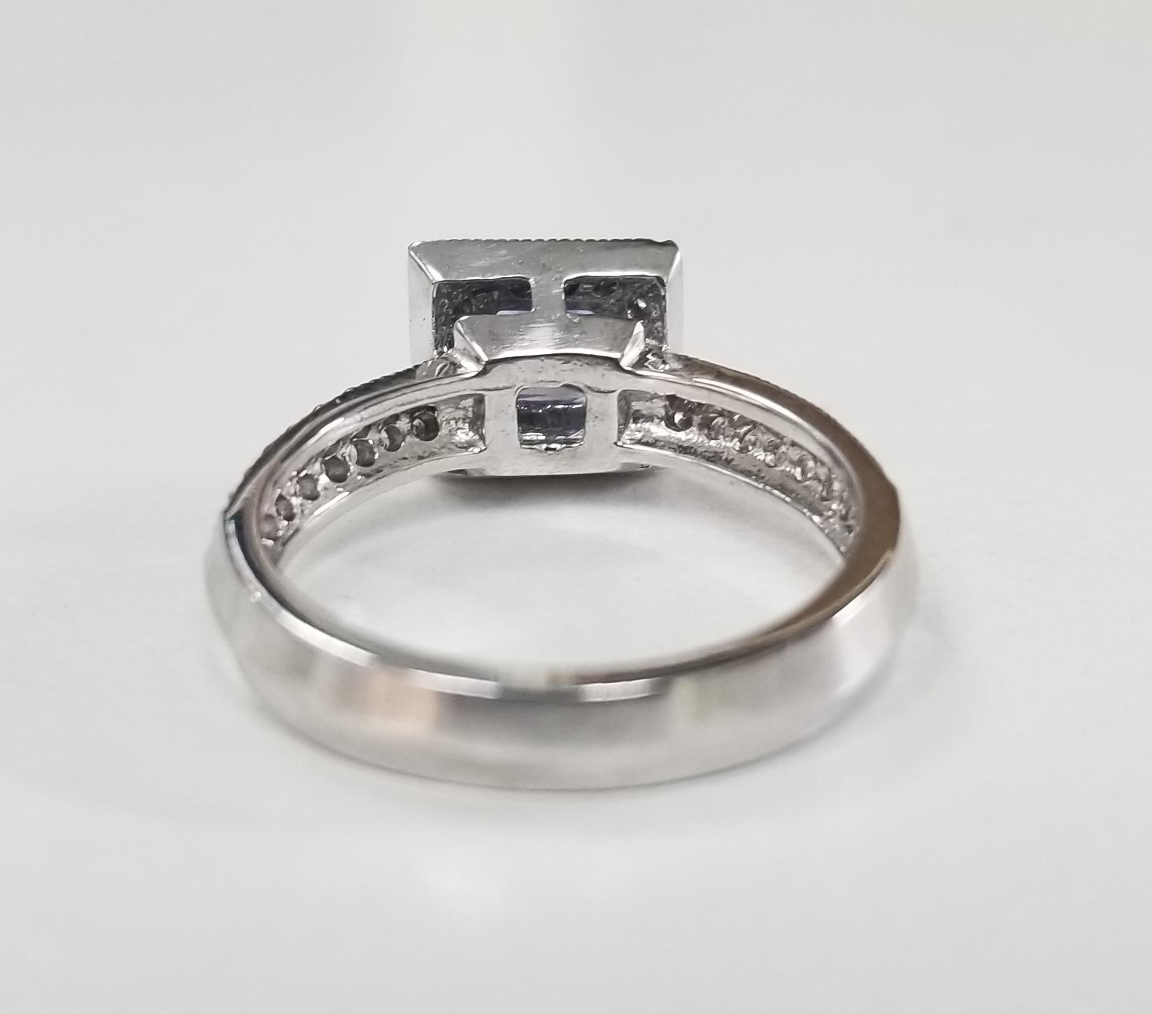 Square Cut 14 Karat White Gold Tanzanite and Diamond Ring with Halo For Sale