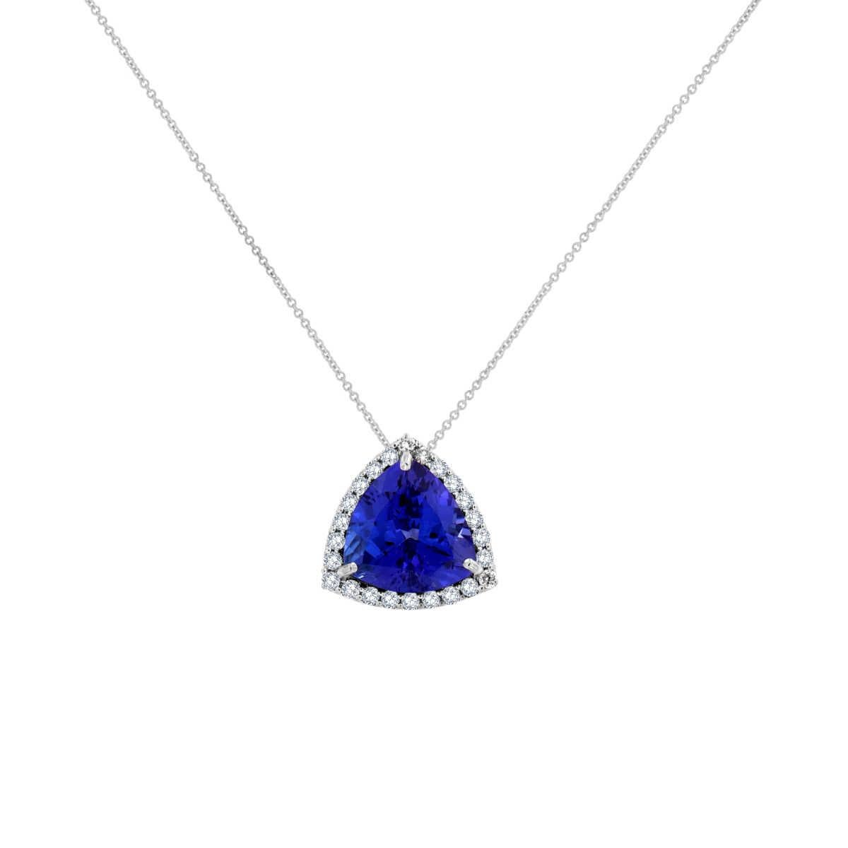 These extraordinary 14k White gold pendant feature preminum quality Triangle Shape 4 carat Tanzanite, framed in a halo of brilliant diamonds. This pendant is ideal for special occasions. Experience the Difference

Product details: 

Center Gemstone