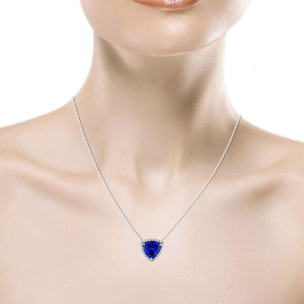 Trillion Cut 14 Karat White Gold Tanzanite and Diamonds Halo Pendant '4 1/3 Carat' For Sale