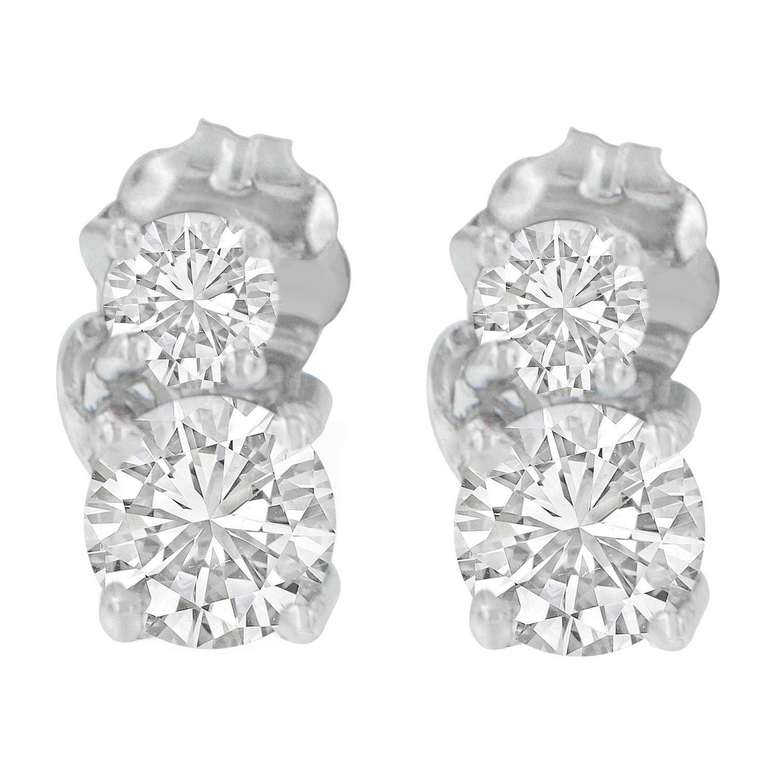 14K White Gold Double Diamond Dangle Stud Earrings
