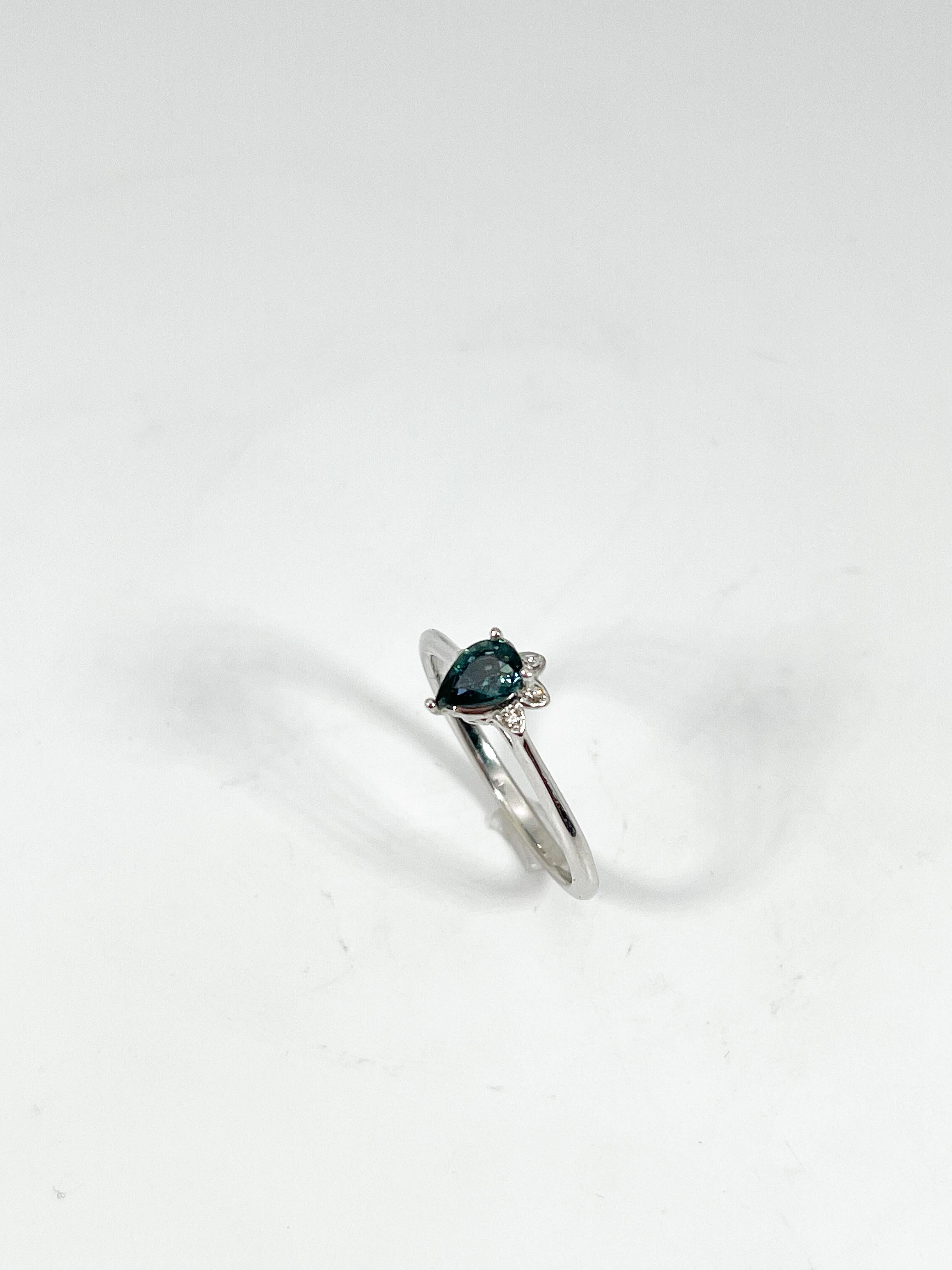 Pear Cut 14K White Gold Teal Pear Sapphire and Diamond Ring .50 CTW For Sale