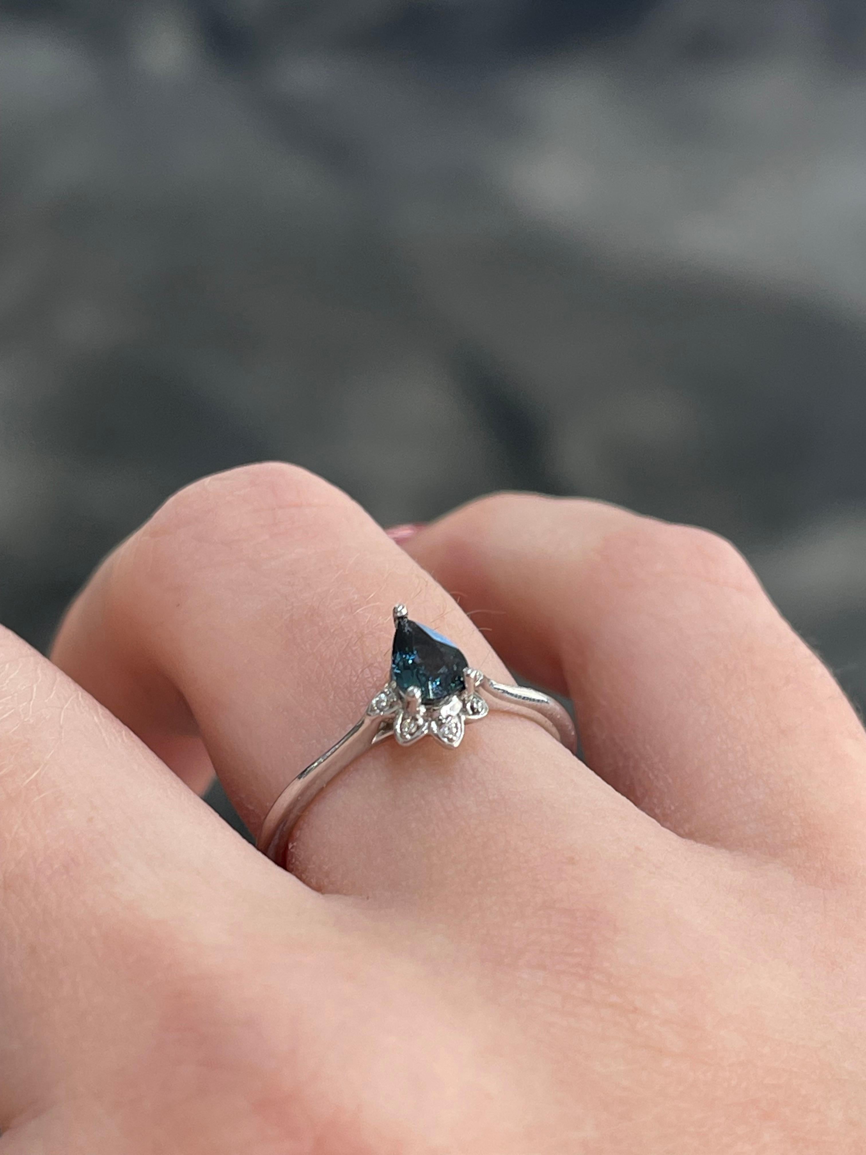 14K White Gold Teal Pear Sapphire and Diamond Ring .50 CTW In Excellent Condition For Sale In Stuart, FL