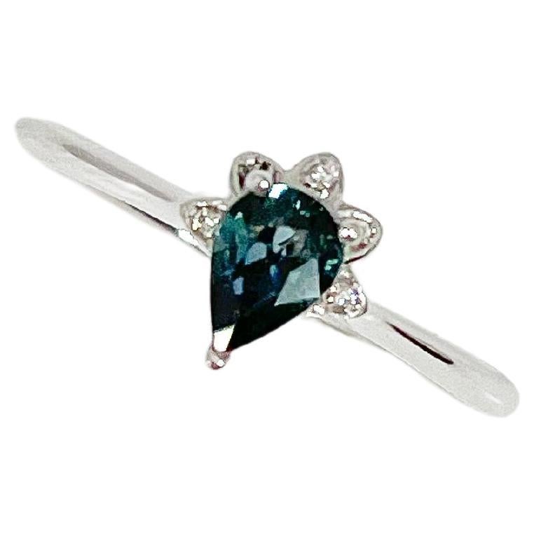 14K White Gold Teal Pear Sapphire and Diamond Ring .50 CTW For Sale