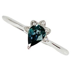 14K White Gold Teal Pear Sapphire and Diamond Ring .50 CTW