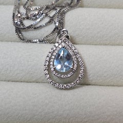 14k. White Gold Teardrop Aqumarine And White Sapphire Pendant Necklace