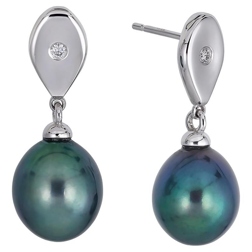 14k White Gold Teardrop Diamond and Peacock Green Pearl Earrings For Sale