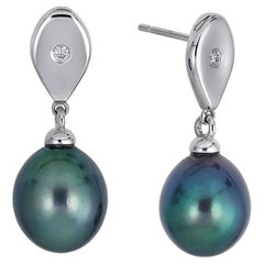 14k White Gold Teardrop Diamond and Peacock Green Pearl Earrings