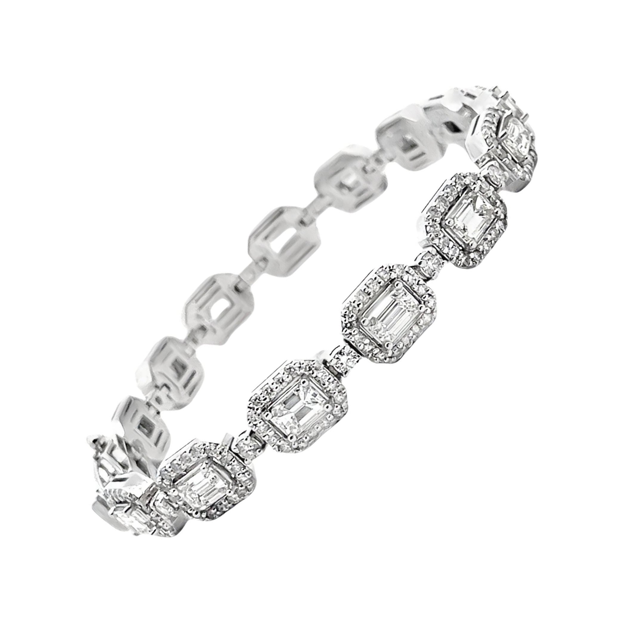 14K White Gold Tennis Bracelet with Natural Round & Emerald Cut Diamonds For Sale