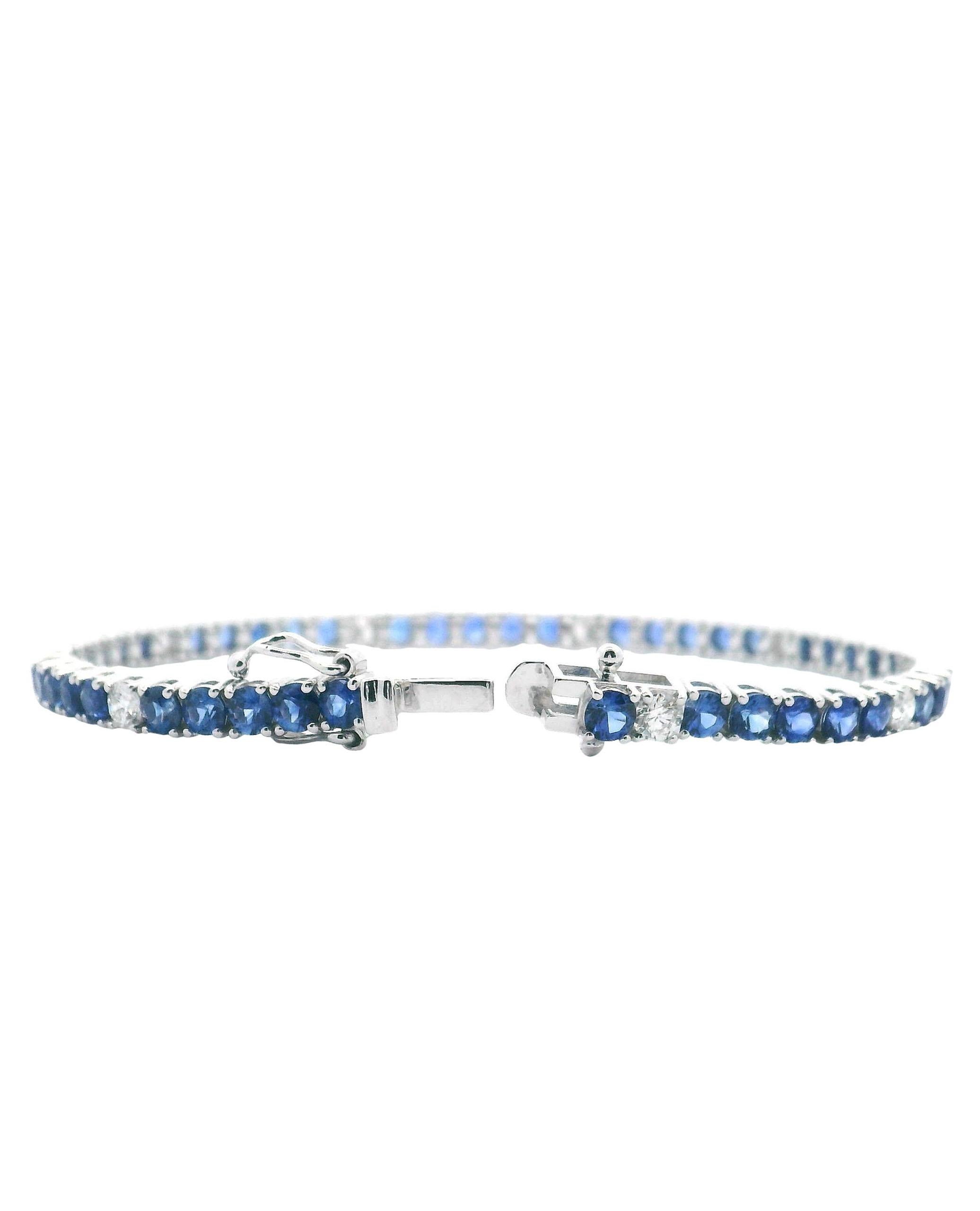 Round Cut 14K White Gold Tennis Bracelet with Sapphires and Diamonds For Sale
