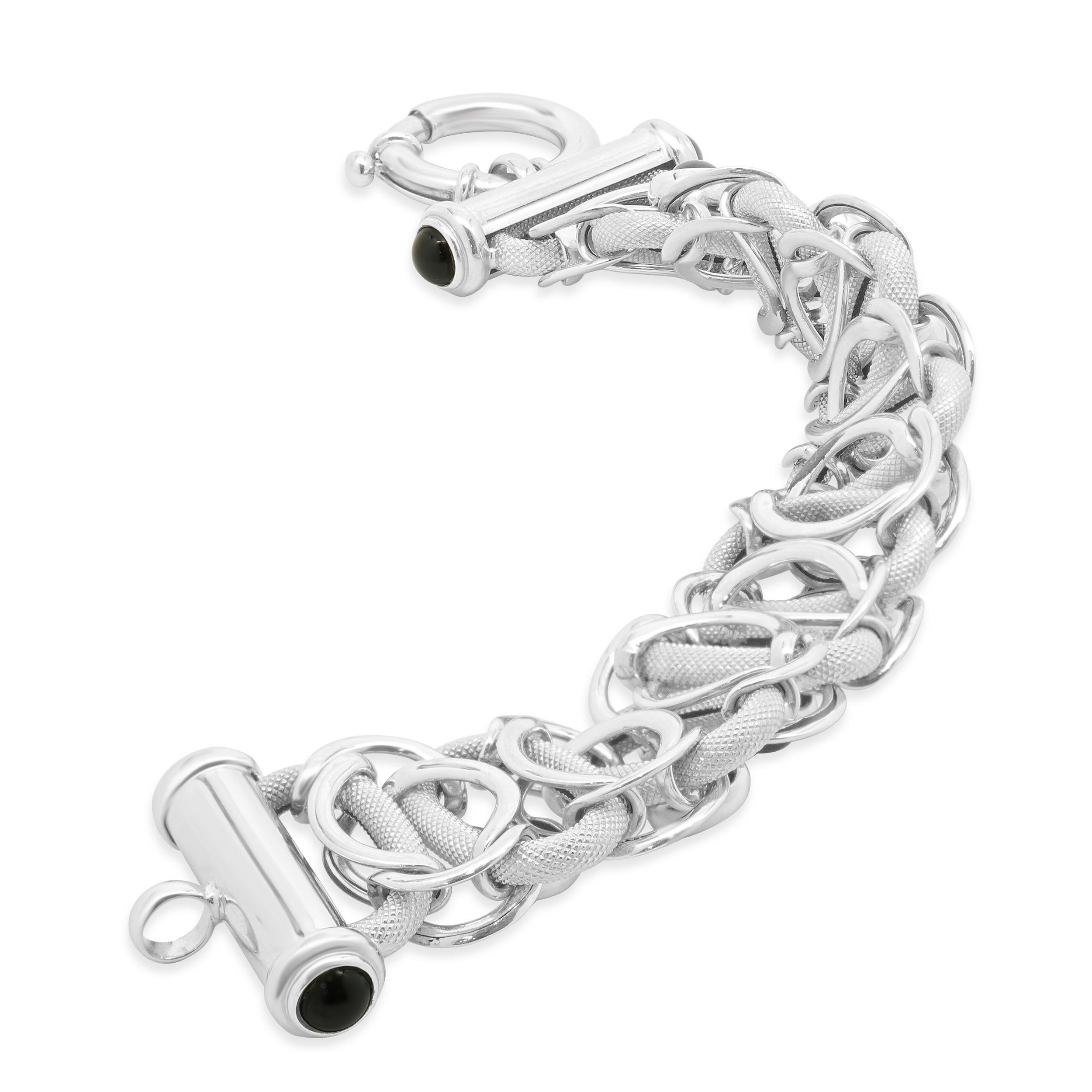 Taglio misto Bracciale in oro bianco 14K con texture e onice in vendita