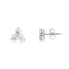 14K White Gold Three Diamond Cluster Stud Earrings - 1.00CTW
