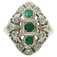 14k Weißgold Drei Smaragd und Diamant Vintage Fancy Ring Größe 6,25