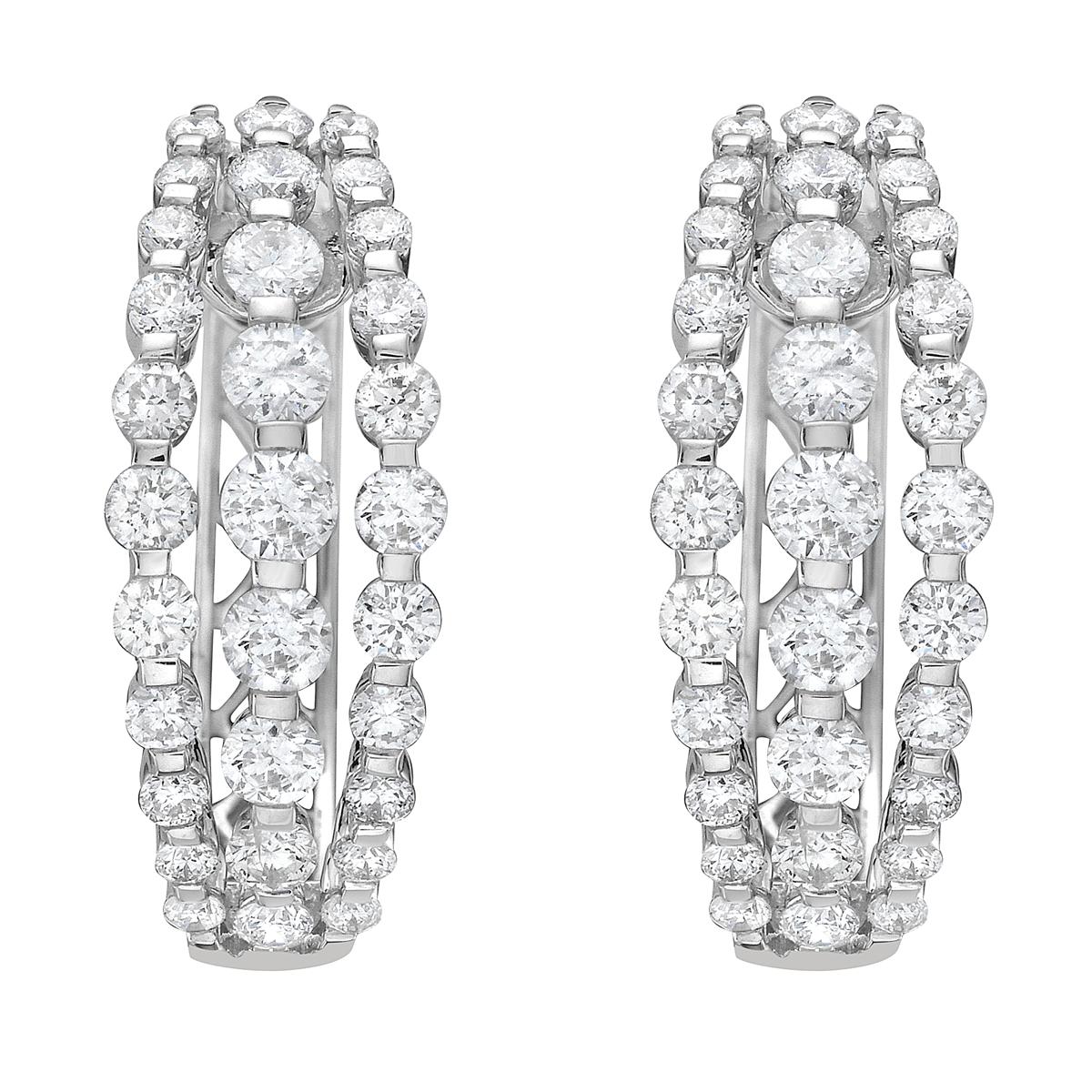 14K White Gold Three-Row Diamond Hoop Earrings