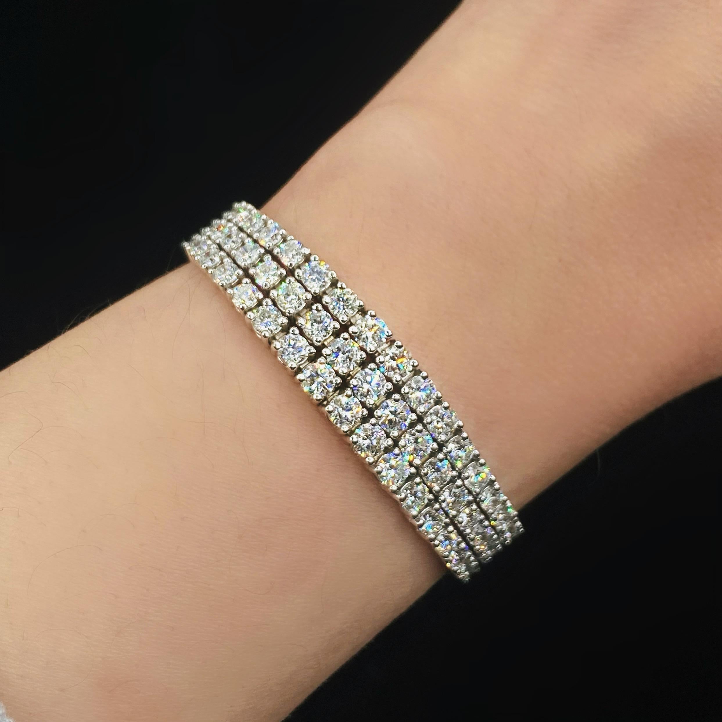 14k White Gold Three Row Tennis Bracelet Features 15.0ct. TDW In Excellent Condition For Sale In New York, NY