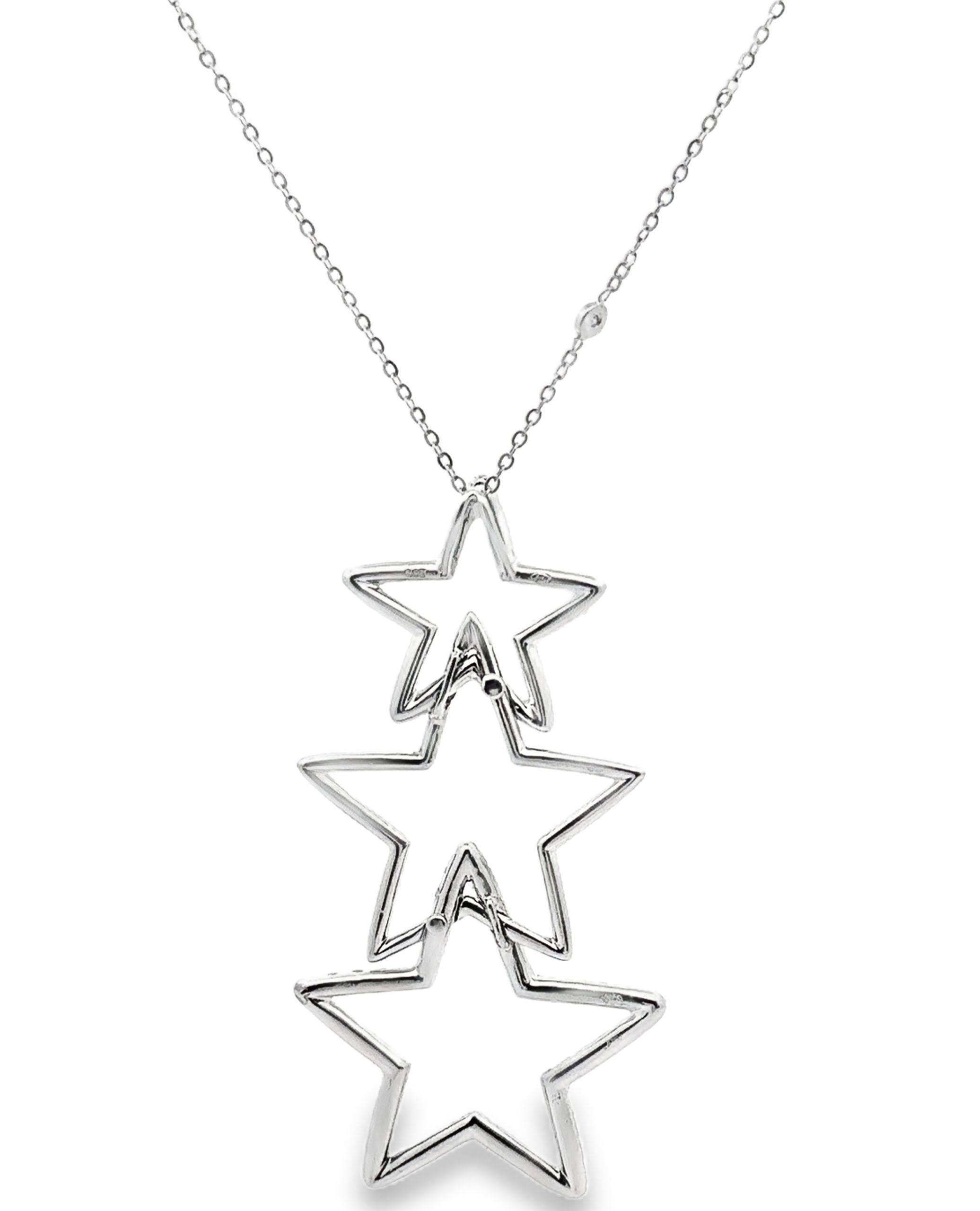 Preowned 14K white gold three star diamond necklace with 81 round faceted diamonds weighing approximately 2.40 carats total.

- 24 inches long