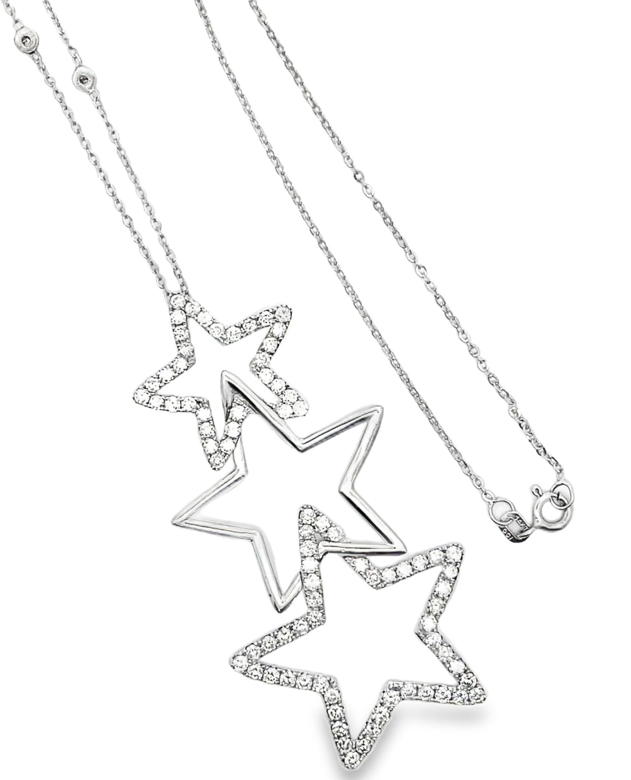 Contemporary 14K White Gold Three Graduating Stars Pendant Necklace with Diamonds 2.40 Carats For Sale