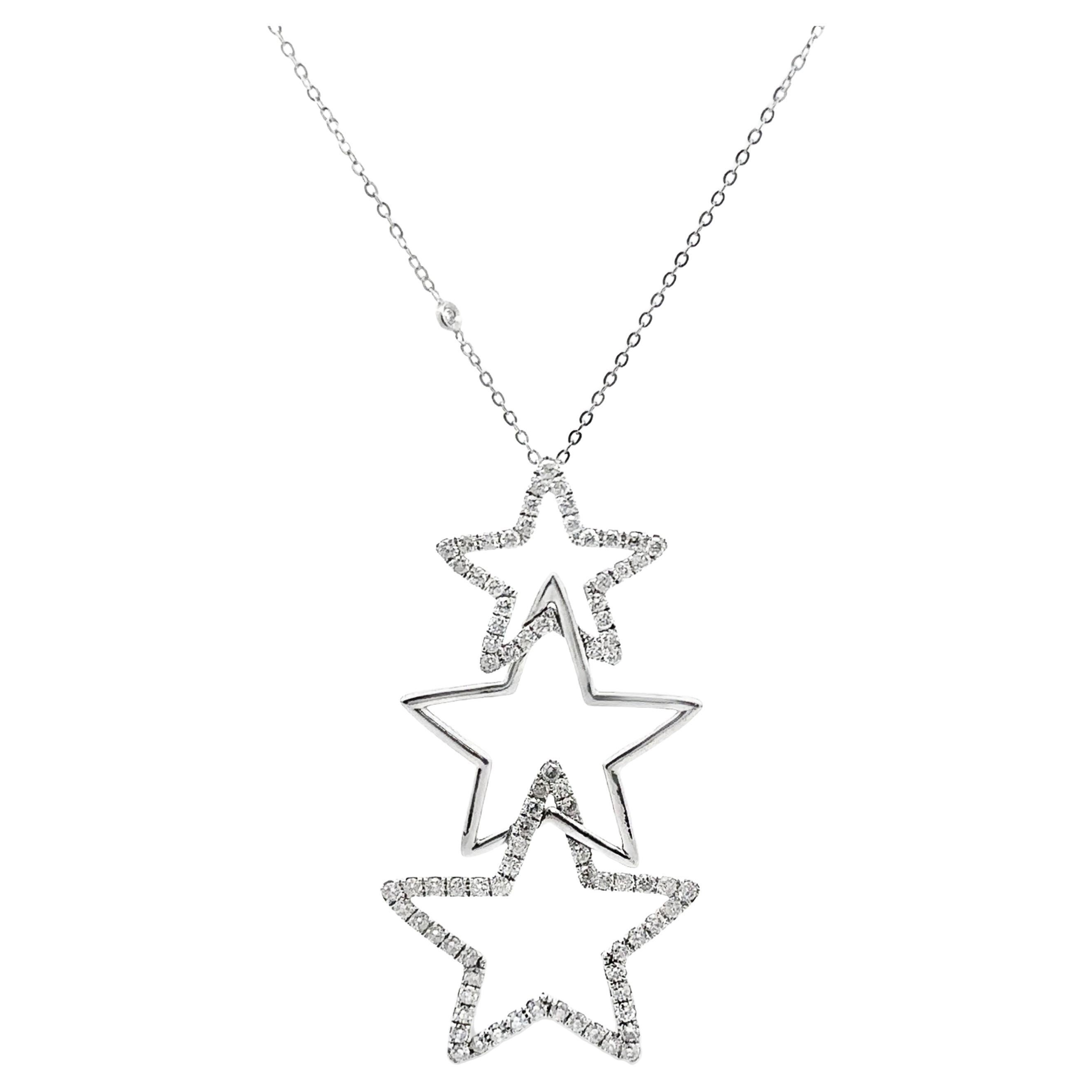 14K White Gold Three Graduating Stars Pendant Necklace with Diamonds 2.40 Carats For Sale