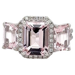 14K White Gold " Three stone Center Halo Ring " Pink Morganite Bridal Ring