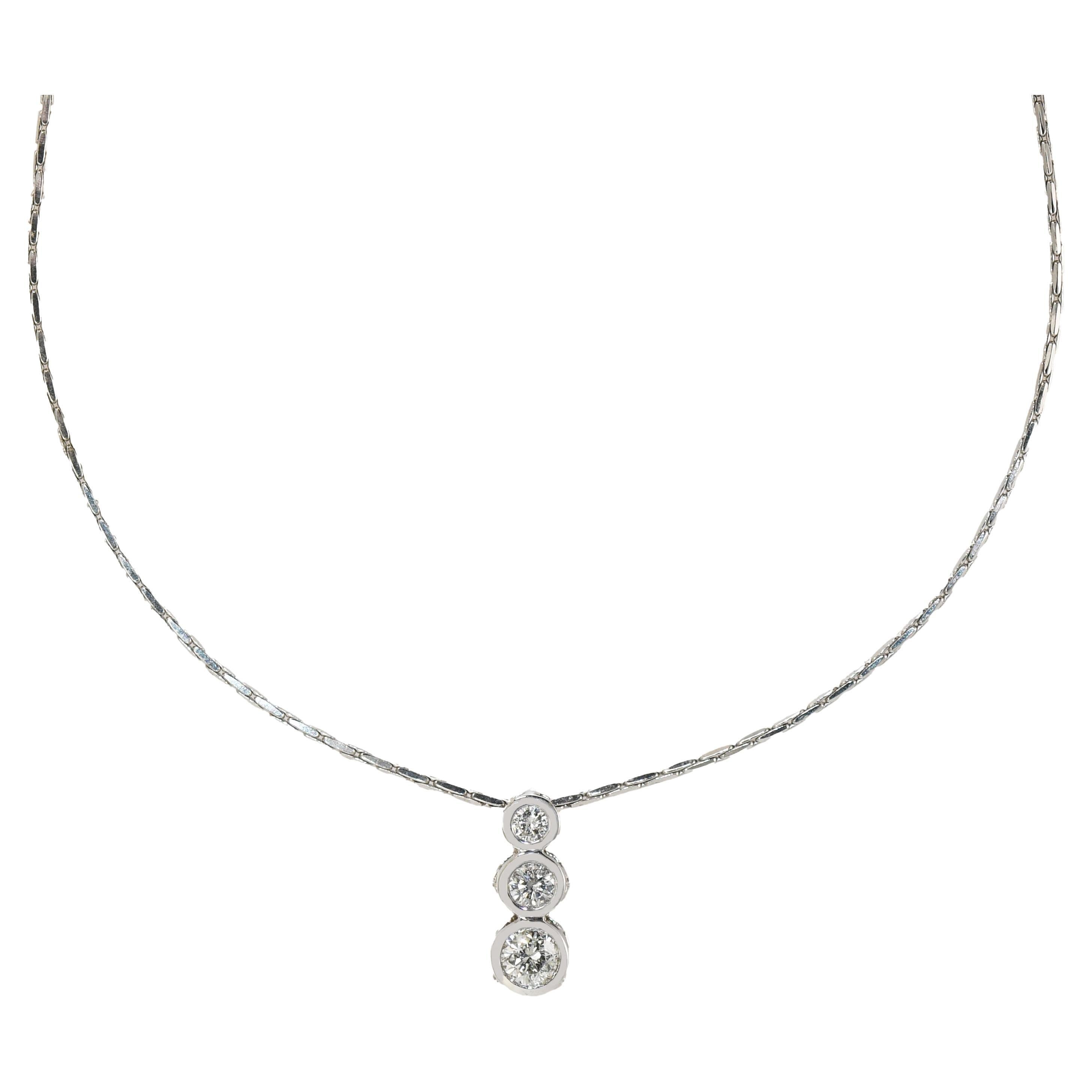 14K White Gold Three Stone Diamond Necklace For Sale