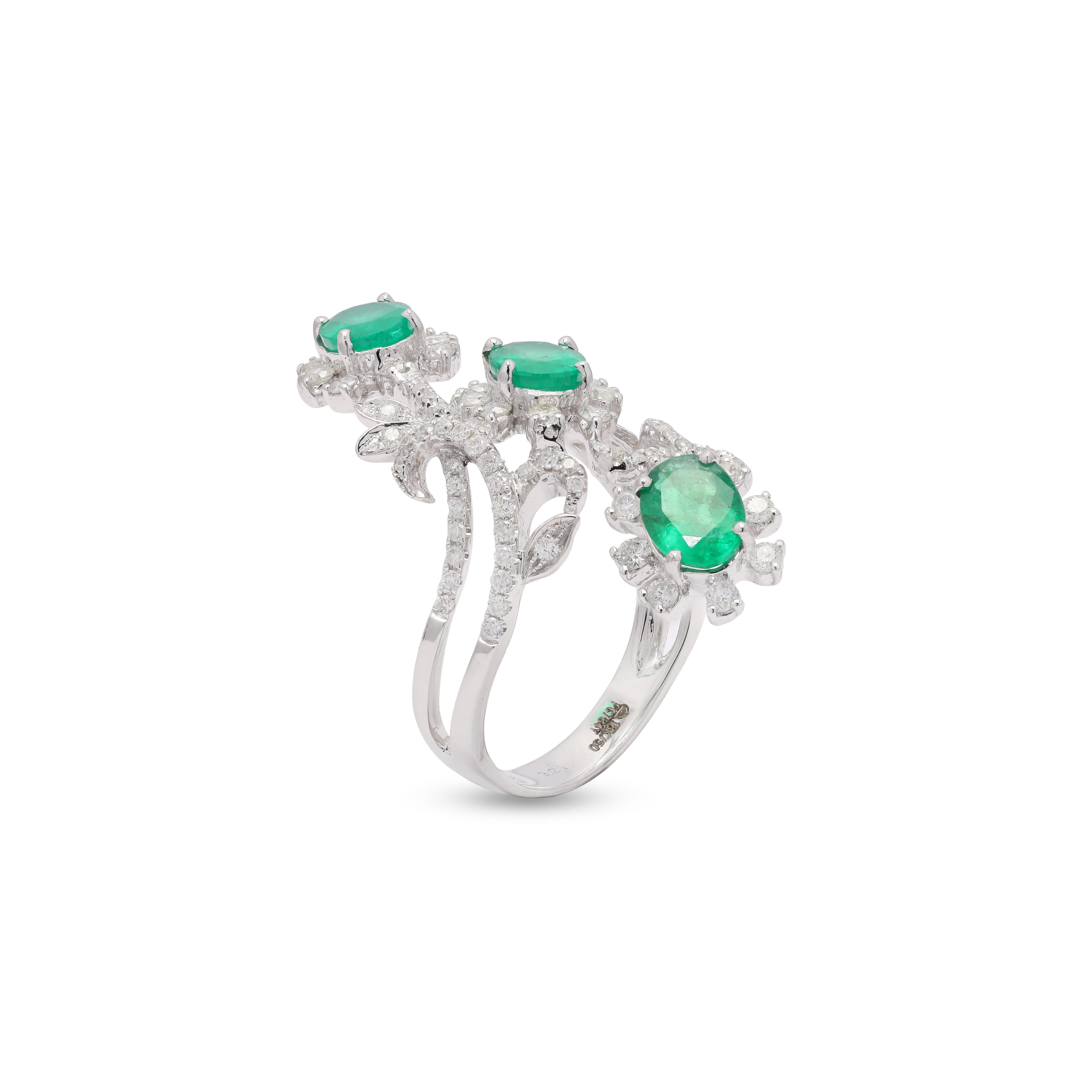 For Sale:  14K White Gold Three Stone Emerald and Diamond Cocktail Ring 2