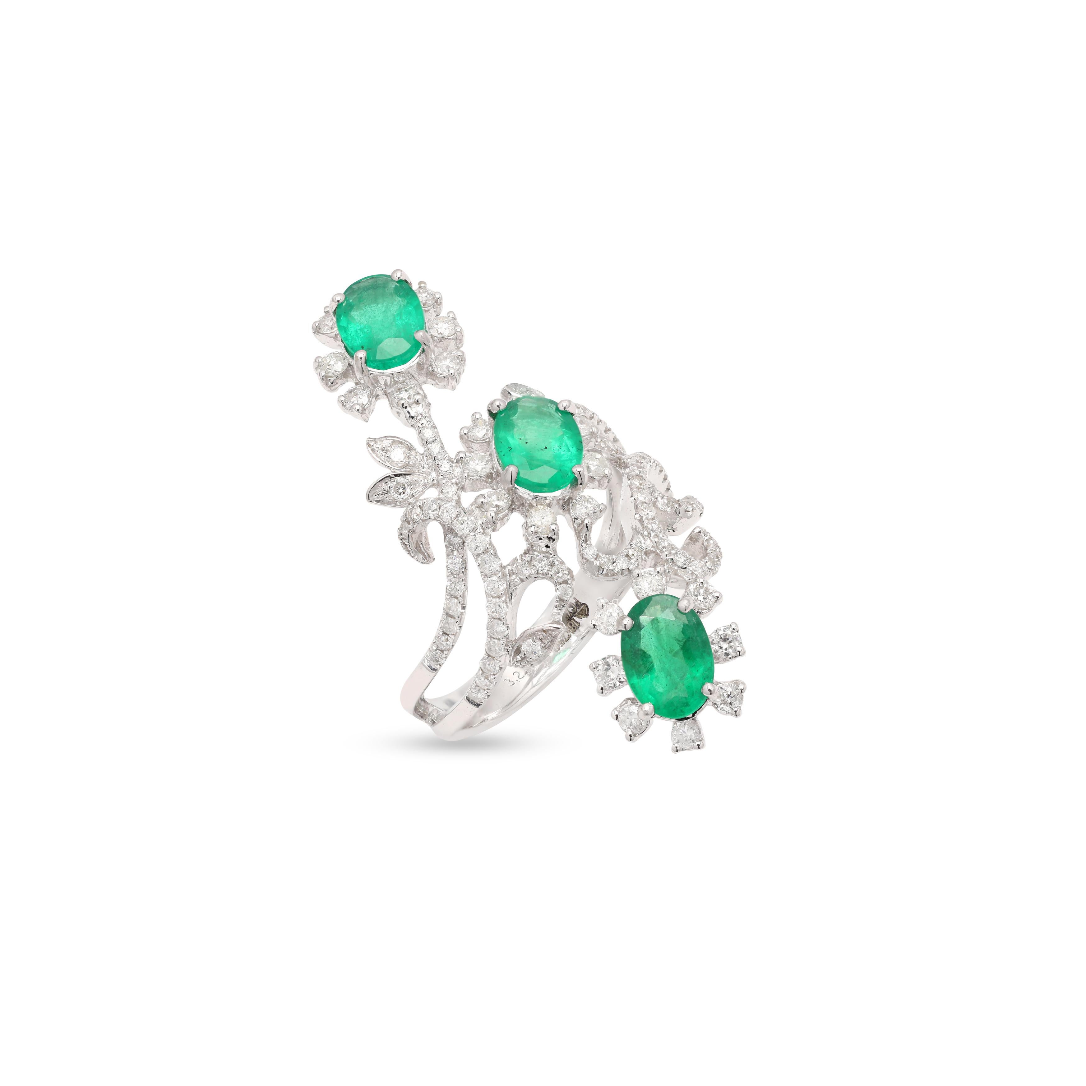 For Sale:  14K White Gold Three Stone Emerald and Diamond Cocktail Ring 3