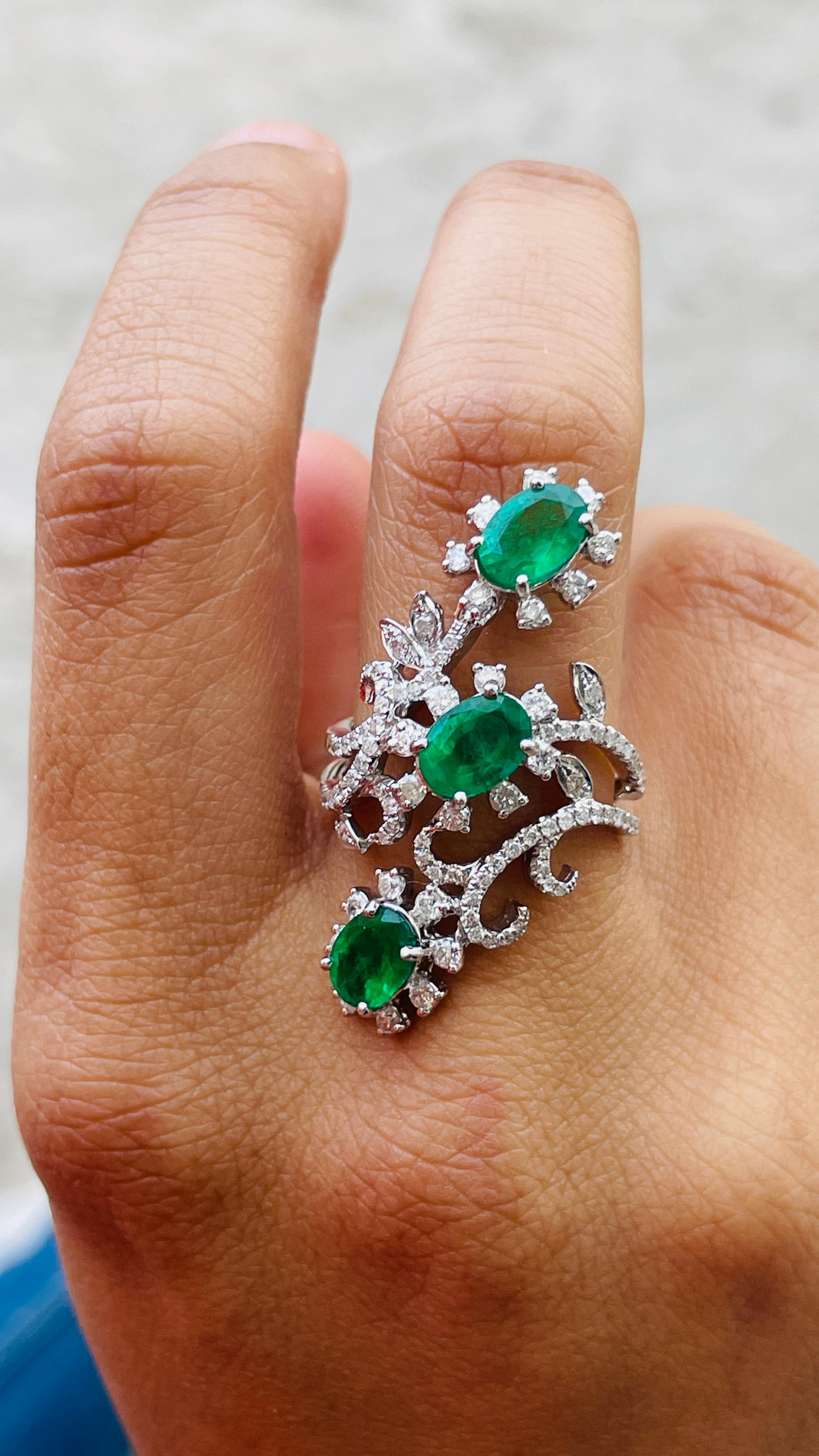 For Sale:  14K White Gold Three Stone Emerald and Diamond Cocktail Ring 4