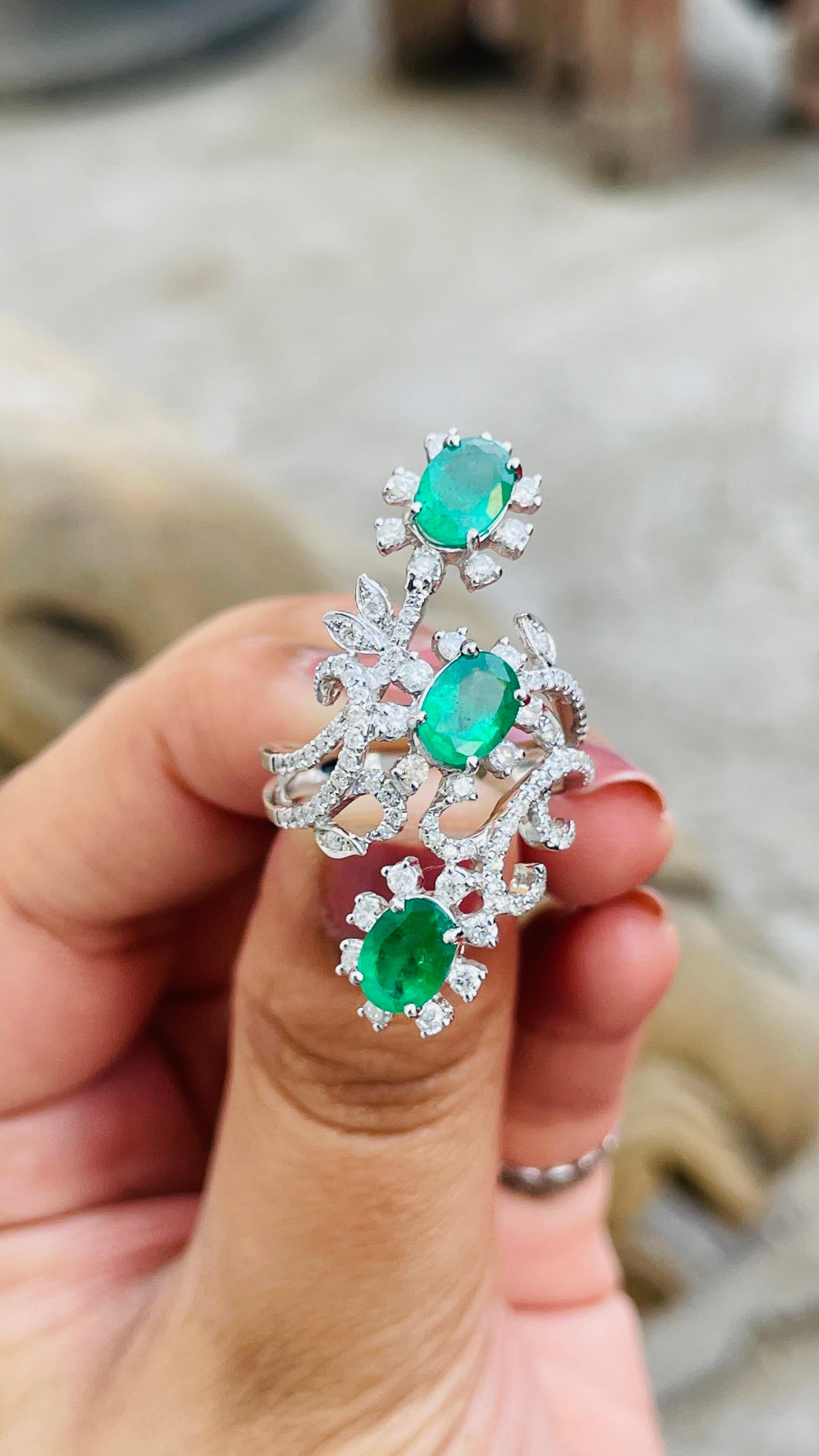 For Sale:  14K White Gold Three Stone Emerald and Diamond Cocktail Ring 6