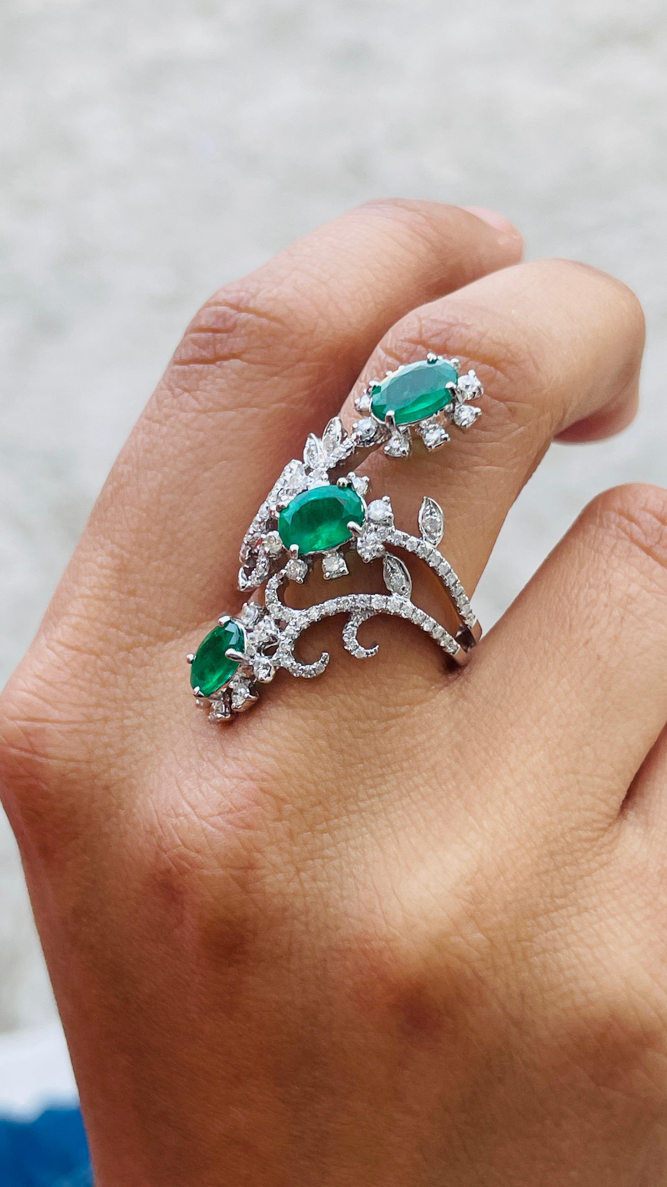 For Sale:  14K White Gold Three Stone Emerald and Diamond Cocktail Ring 5