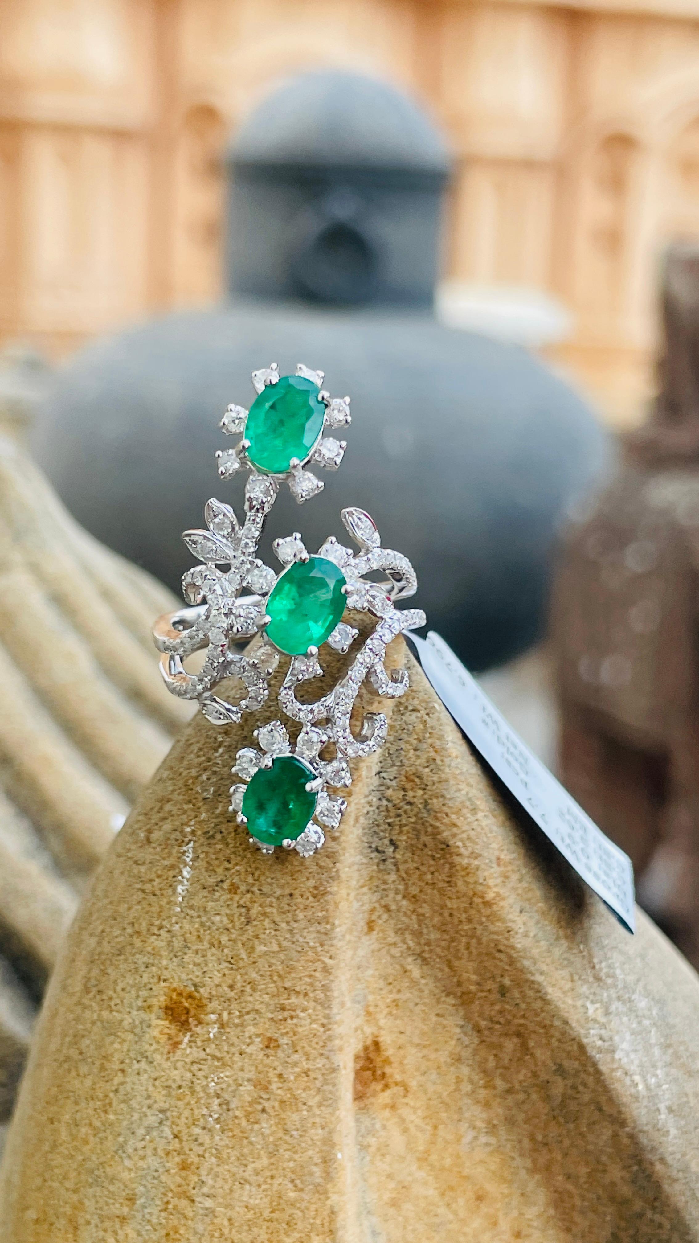 For Sale:  14K White Gold Three Stone Emerald and Diamond Cocktail Ring 7