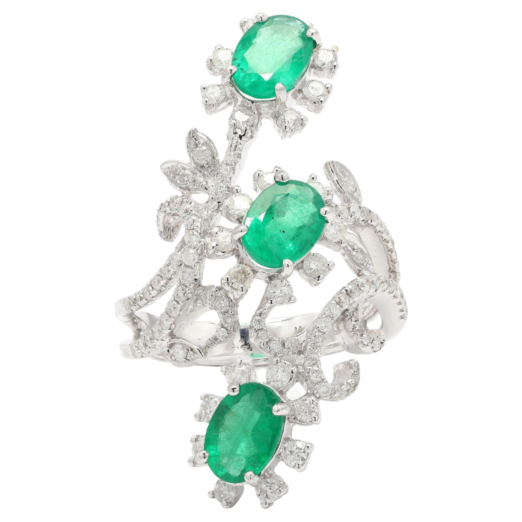 14K White Gold Three Stone Emerald and Diamond Cocktail Ring
