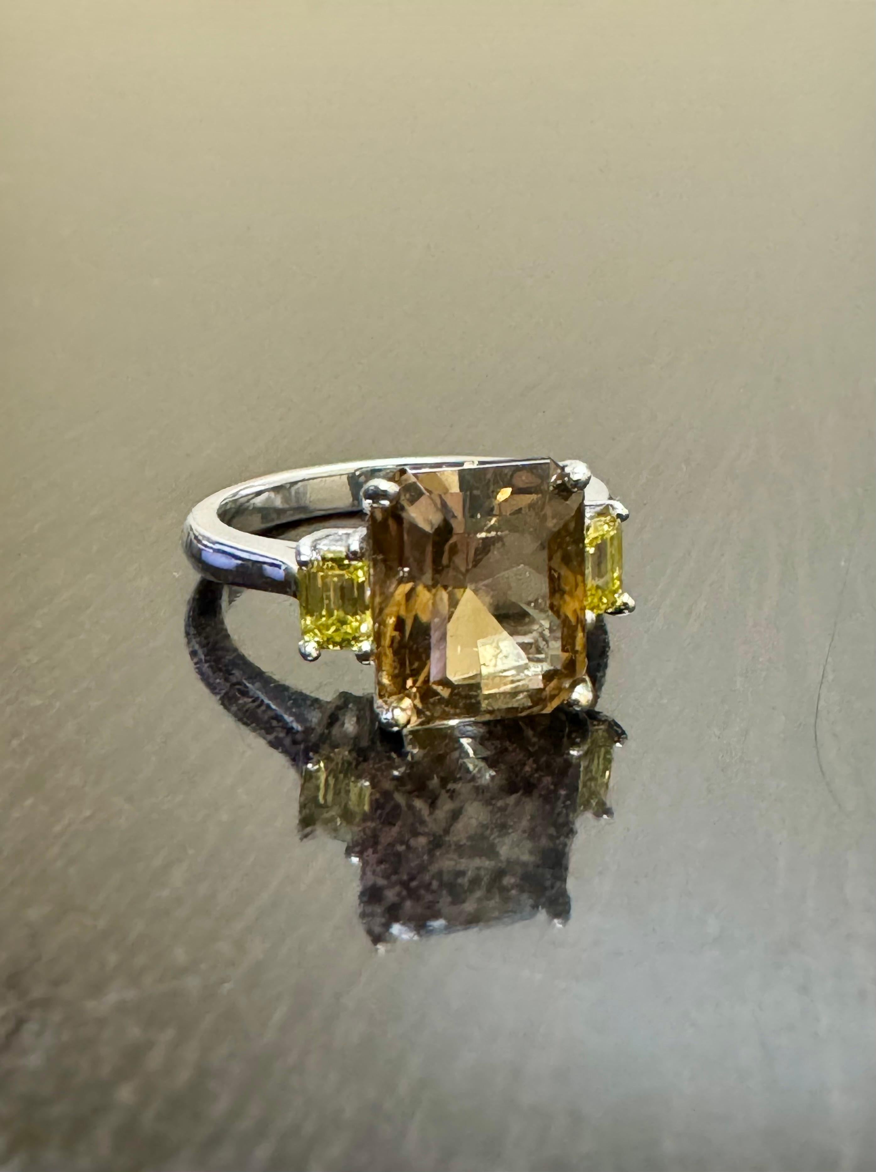 Art Deco 14K White Gold Three Stone Emerald Cut Diamond Radiant Cut Tourmaline Engagement For Sale