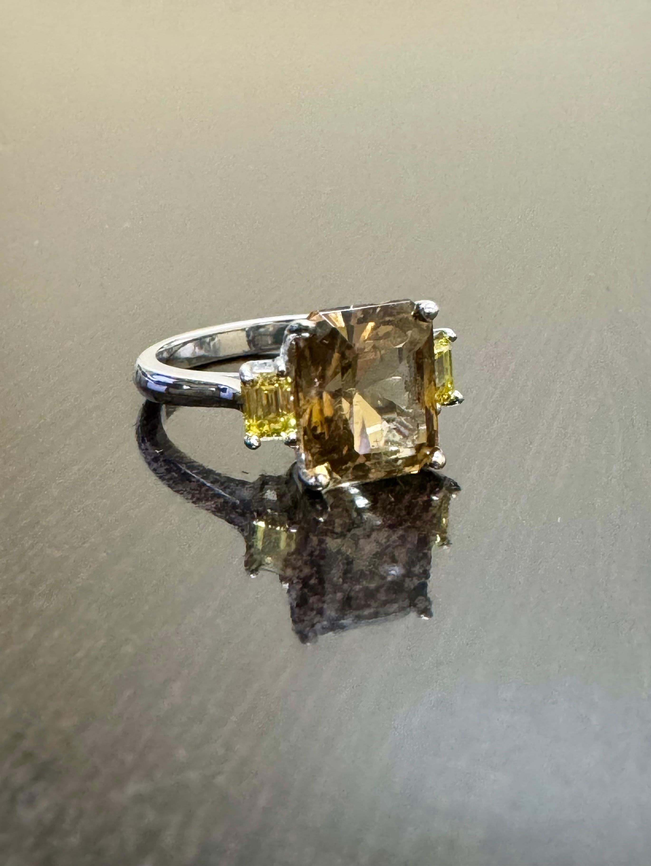 14K White Gold Three Stone Emerald Cut Diamond Radiant Cut Tourmaline Engagement In New Condition For Sale In Los Angeles, CA