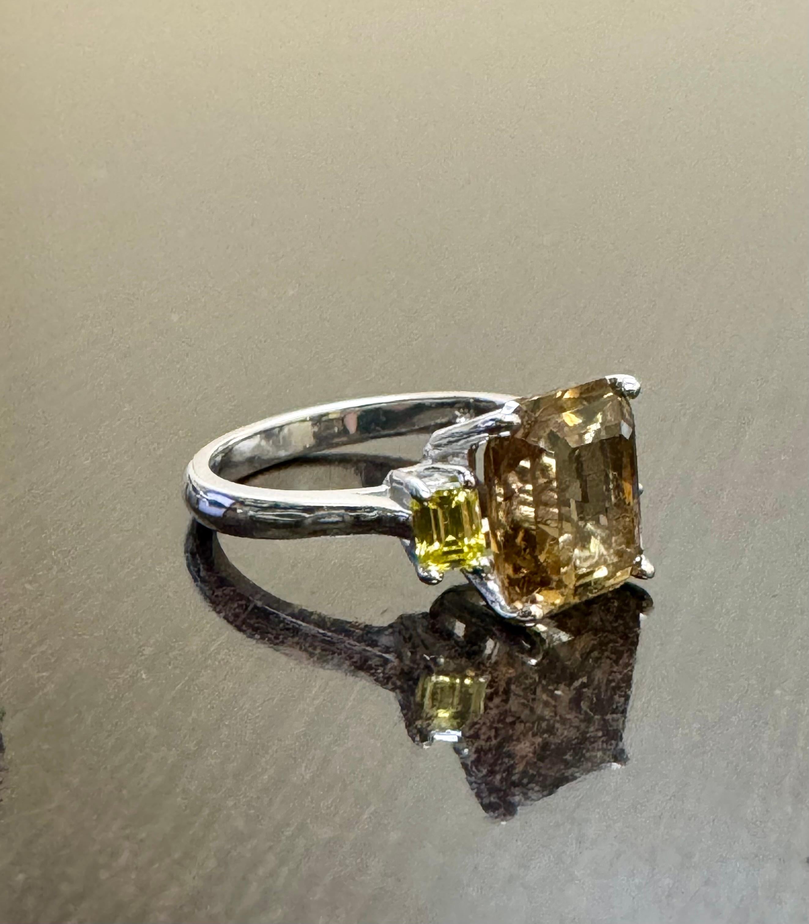 Women's or Men's 14K White Gold Three Stone Emerald Cut Diamond Radiant Cut Tourmaline Engagement For Sale