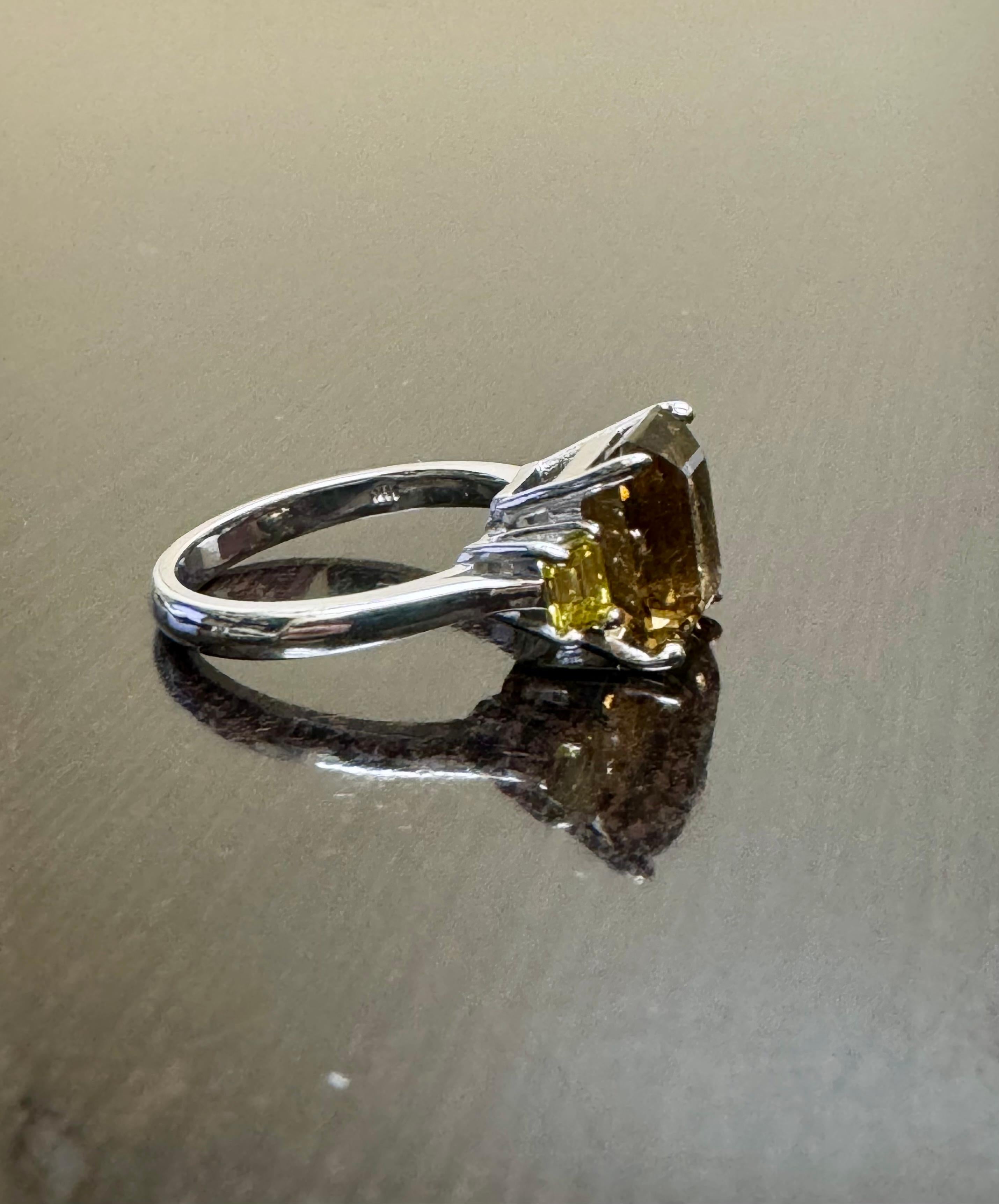 14K White Gold Three Stone Emerald Cut Diamond Radiant Cut Tourmaline Engagement For Sale 1
