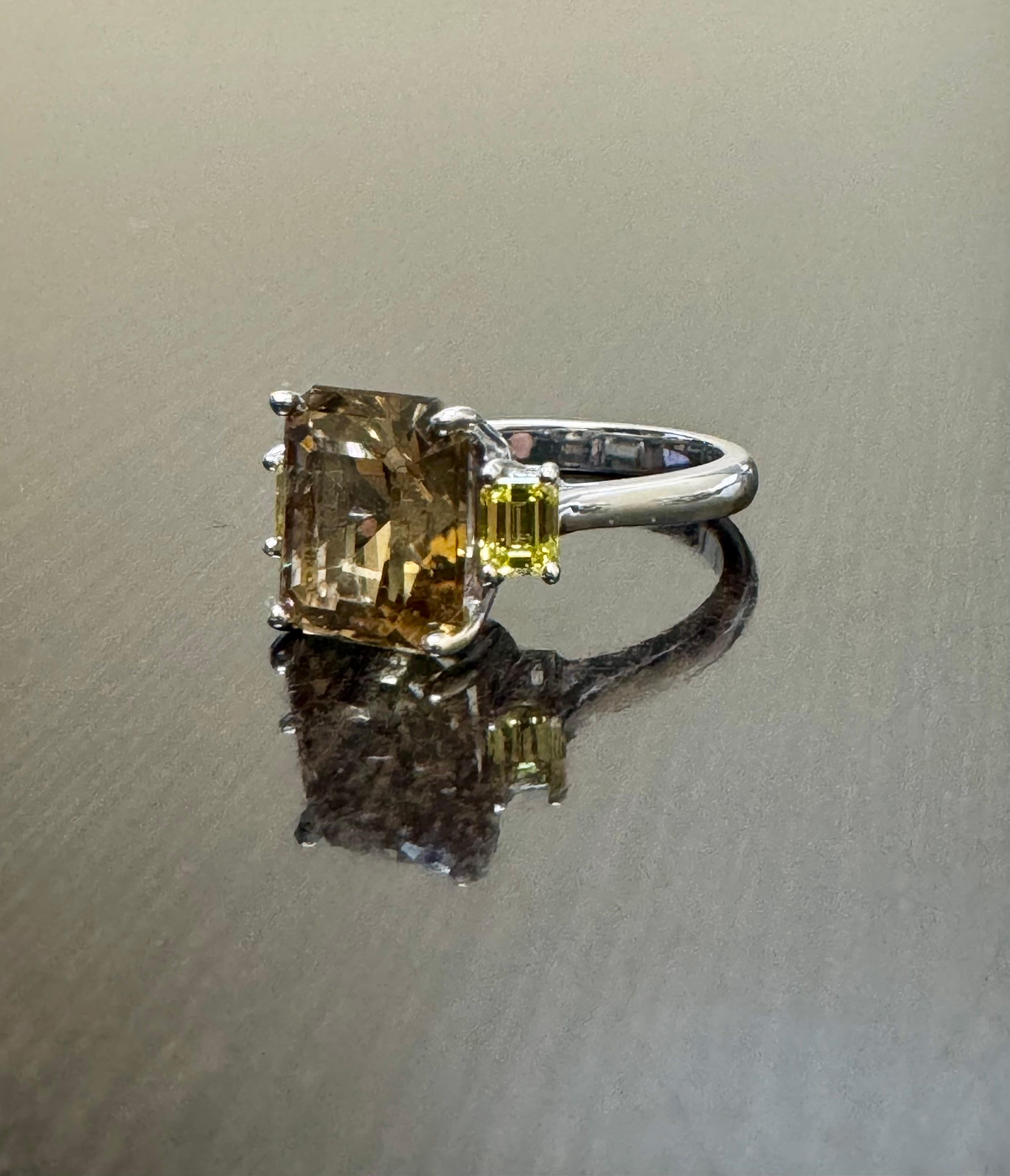 14K White Gold Three Stone Emerald Cut Diamond Radiant Cut Tourmaline Engagement For Sale 2