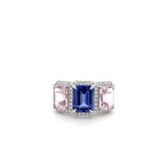 14K White Gold Three Stone Halo Ring Pink Morganite & Tanzanite Diamond Ring