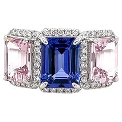 14K White Gold Three Stone Halo Ring Pink Morganite & Tanzanite Diamond Ring