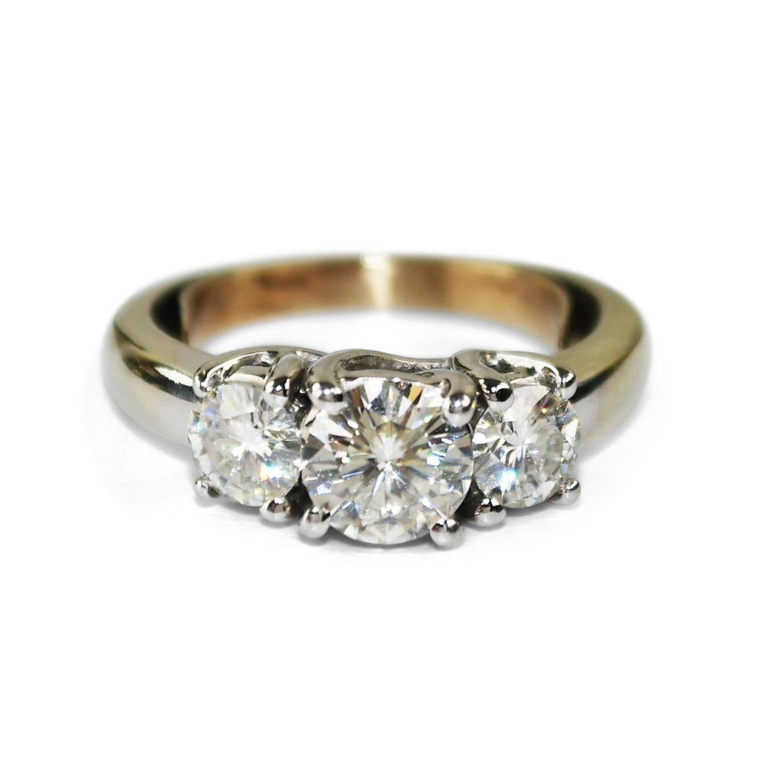 14K White Gold Three Stone Moissanite Ring 1.46ct For Sale