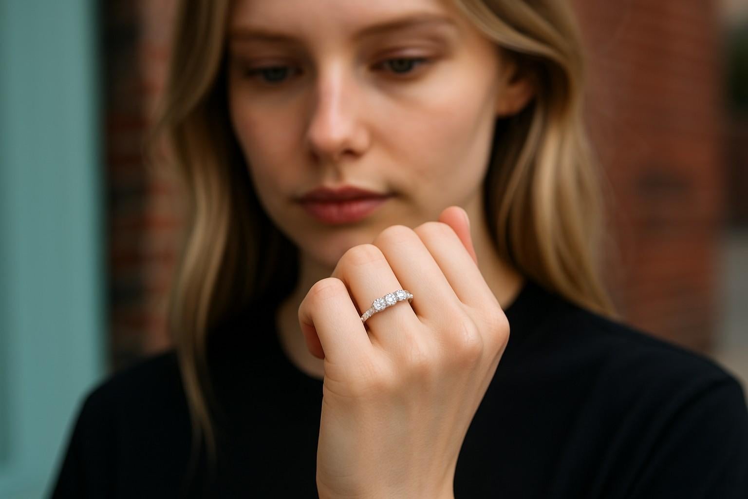 Moderno Anello con tre pietre di diamante naturale in oro bianco 14K  Pesa 0,95 carati in vendita