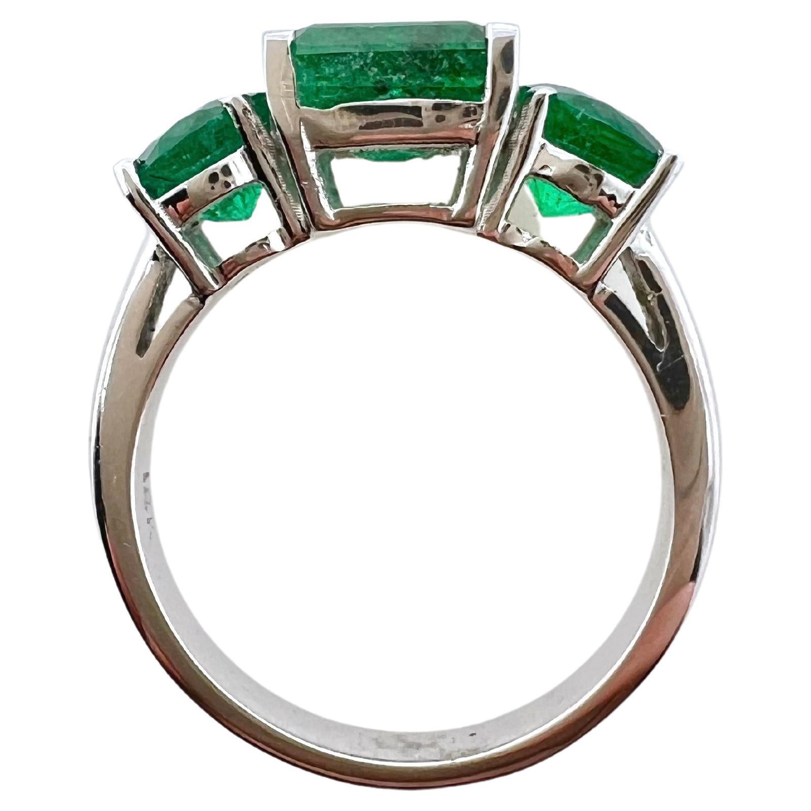 Emerald Cut 14k White Gold Three Stones Emerald Ring For Sale