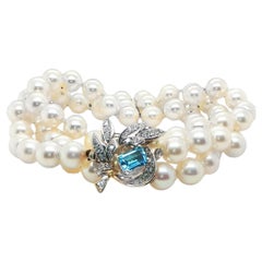 14K White Gold Three Strand Pearl Diamond & Blue Topaz Bracelet