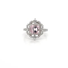 14k White Gold Tiara Halo Ring Pink Morganite & Diamond Statement Bridal Ring