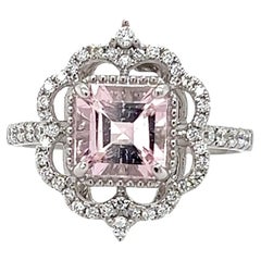14k White Gold Tiara Halo Ring Pink Morganite & Diamond Statement Bridal Ring