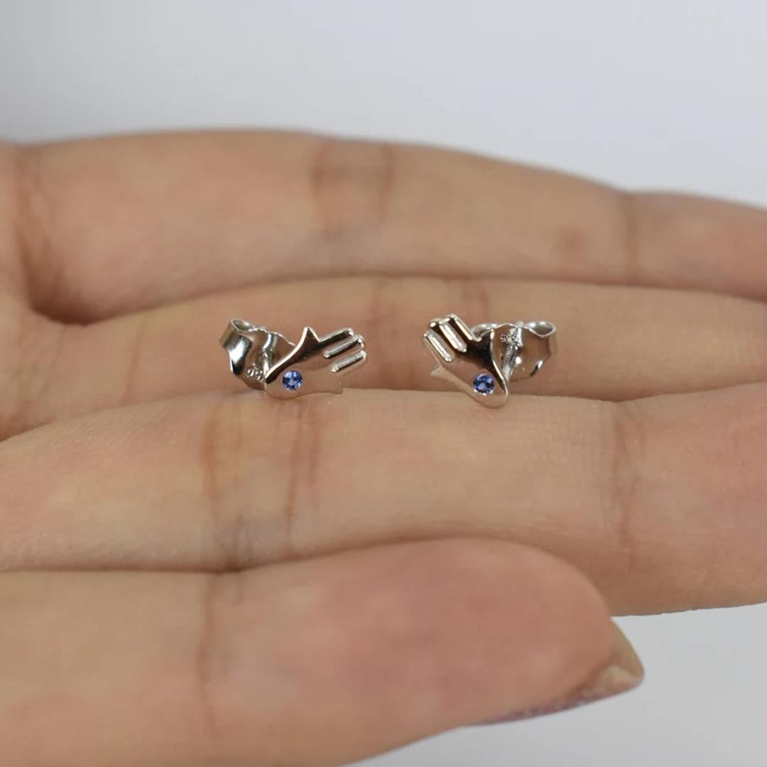 14k Gold Tiny Hamsa Hand Earrings Blue Sapphire Gemstone Earrings In New Condition For Sale In Bangkok, TH