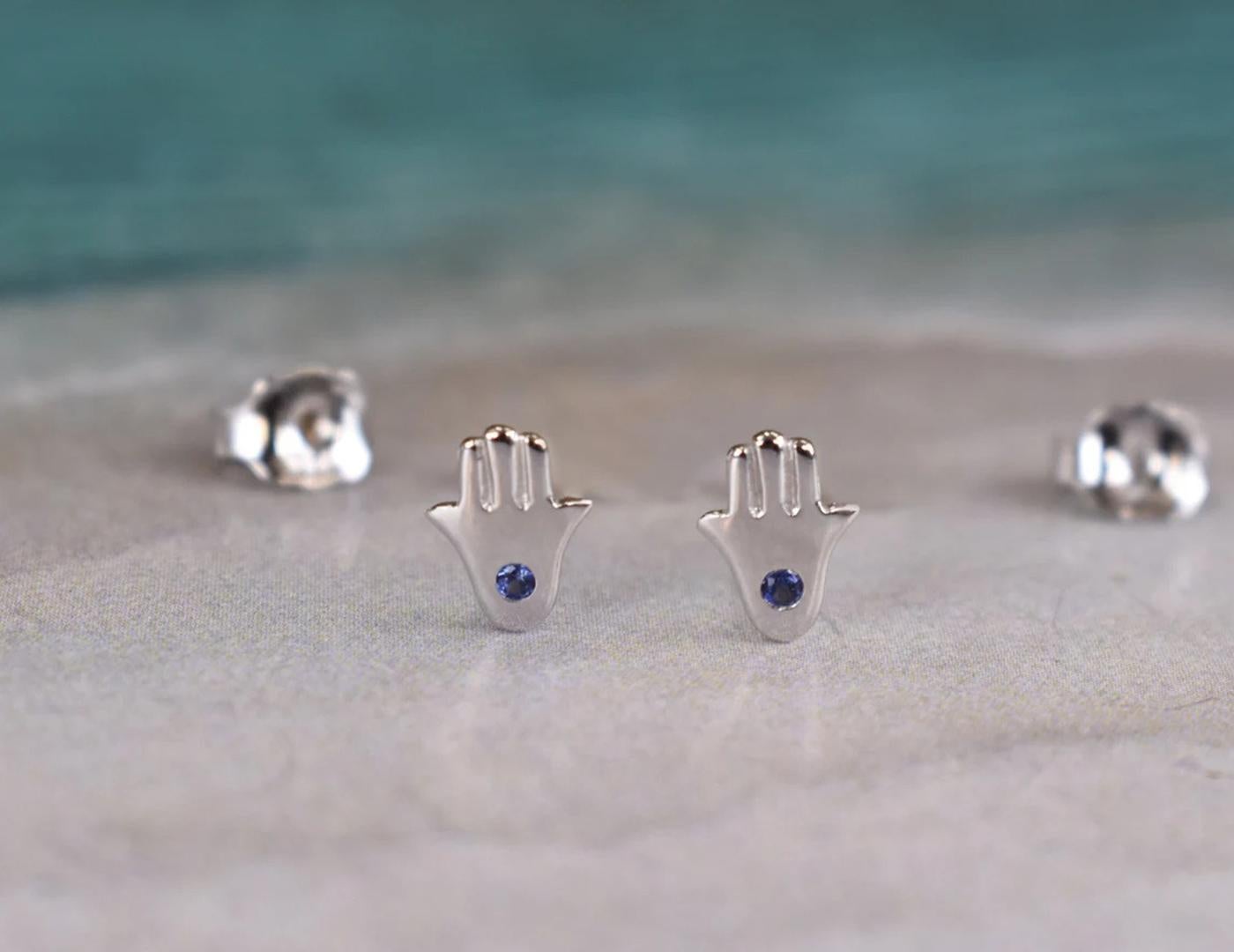 Women's or Men's 14k Gold Tiny Hamsa Hand Earrings Blue Sapphire Gemstone Earrings For Sale