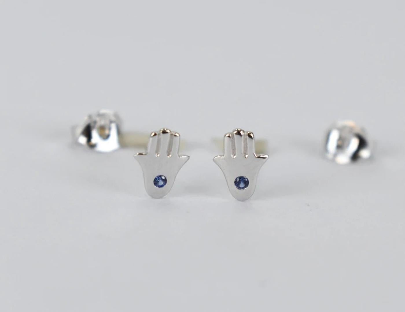 14k Gold Tiny Hamsa Hand Earrings Blue Sapphire Gemstone Earrings For Sale 1